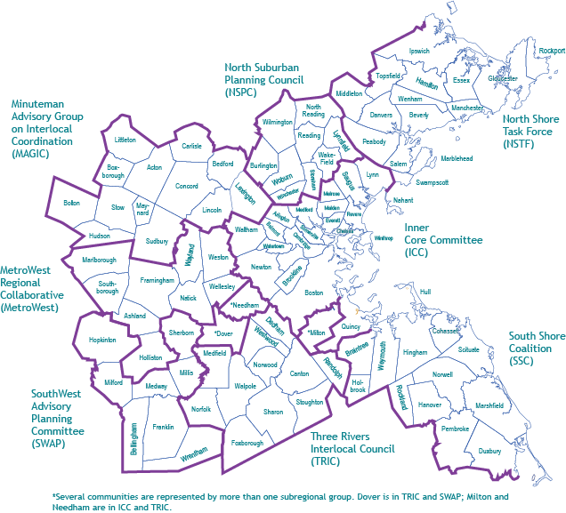 This is a map of the cities and towns in the Boston Region. There are 101 cities and towns within the Boston Region Metropolitan Planning Organization’s planning area. This figure also delineates the eight (8) sub-regions within the shared Boston Region Metropolitan Planning Organization and Metropolitan Area Planning Council planning area. The eight sub-regions are the: South Shore Coalition, Three Rivers Interlocal Council, South West Advisory Planning Committee, MetroWest Regional Collaborative, Minuteman Advisory Group on Interlocal Coordination, North Suburban Planning Council, North Shore Task Force, and Inner Core Committee.